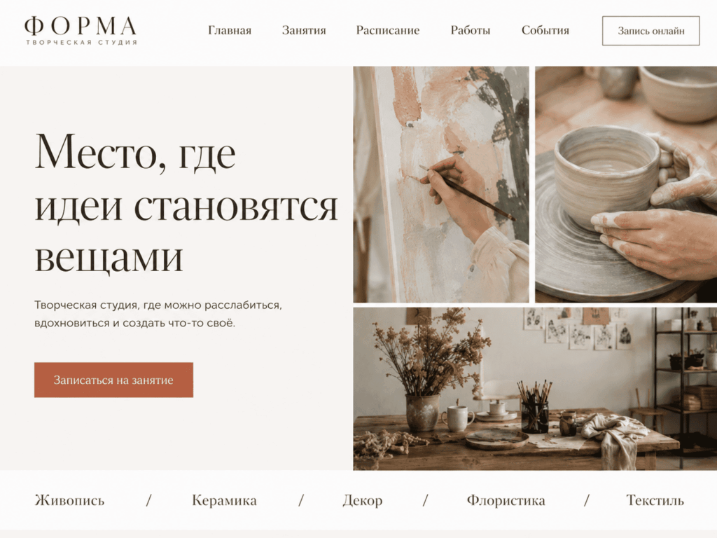 Светлый дизайн сайта для творческой студии и мастер-классов