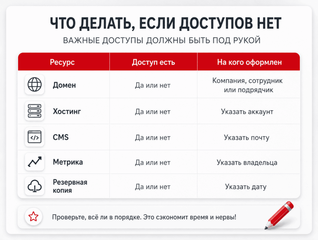 Таблица для проверки доступа к домену, хостингу, CMS, Метрике и резервной копии сайта